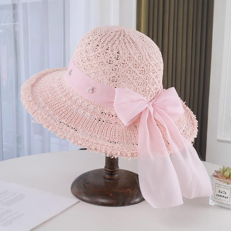 Hollow Woven Sun Hat Women'S Summer Sun Protection Big Brim Straw Hat Bow Pearl Decoration Beach Degree