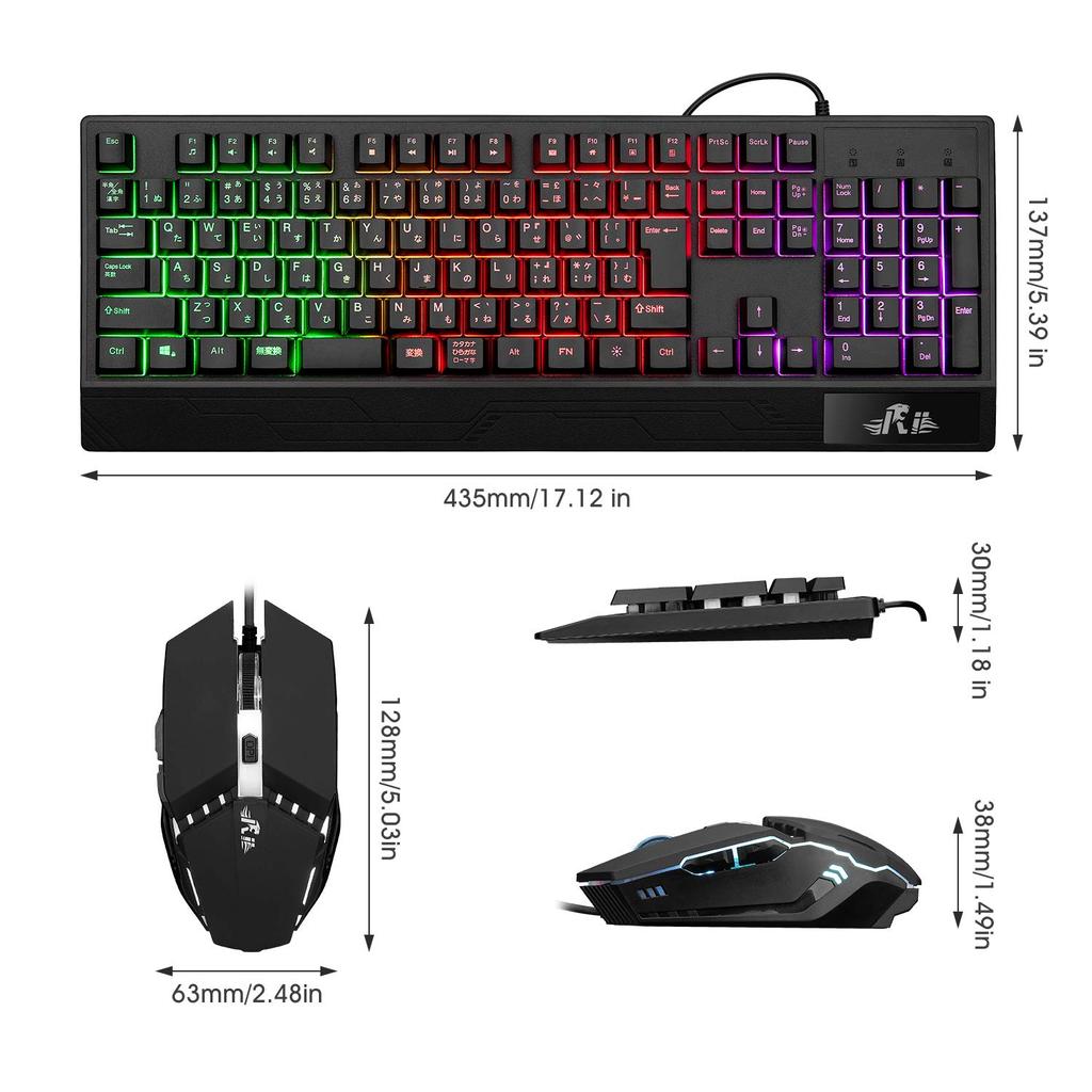 Rii Gaming Keyboard and Mouse USB RGB 109 Japanese Wrist Rest with and Gaming 19 Compatible with and Other RK400 Set, Wired, Backlight, Keys, Layout,