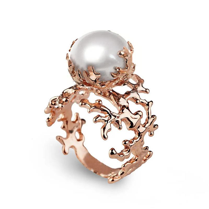 1Pc Court Antique Style Hollow Ring Pattern Branch Imitation Pearl Ring