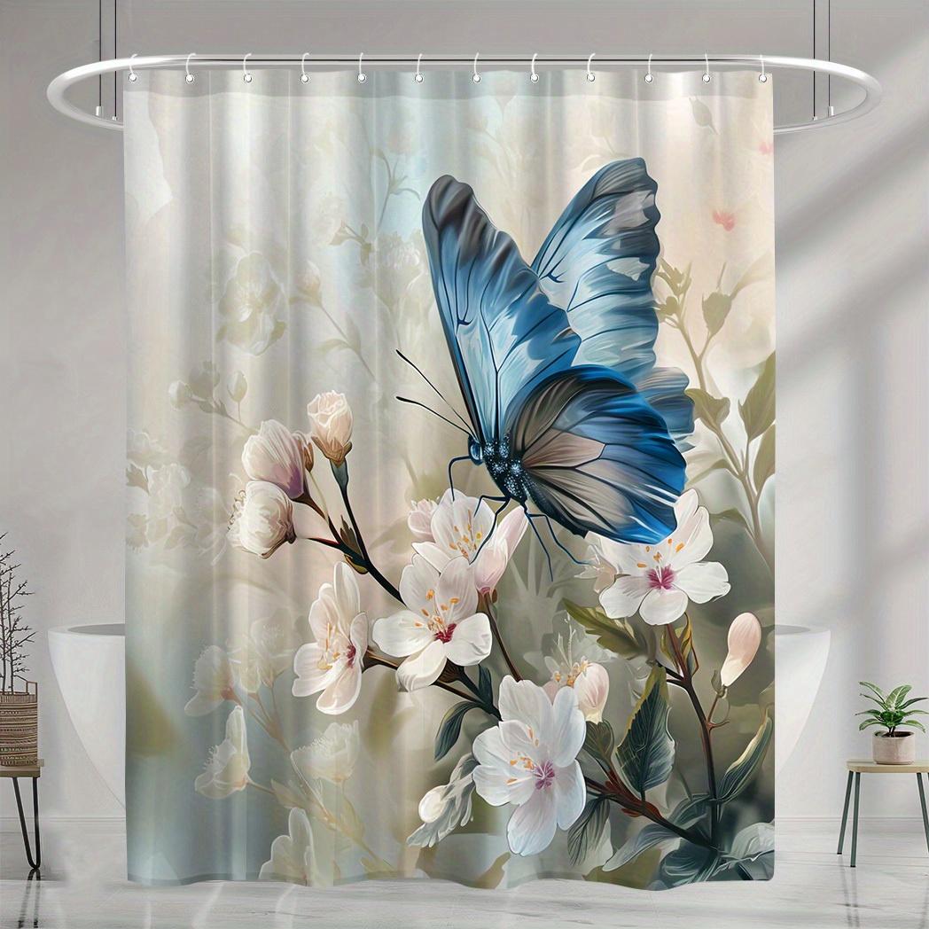 

1pc Blue Butterflies & Floral Shower Curtain - 12 Hooks, Moisture-Resistant Polyester, 71x71 , Elegant Bathroom Decor W90XH180cm