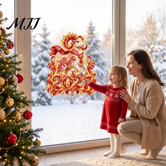 Electrostatic Glass Stickers for Home 2027 Russian New Year Flame Goat Static Sticker, PVC Zodiac Sheep Window Cling and Indoor And Outdoor