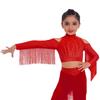 Girls Latin Dance Tops Tassels Long Sleeves Back Invisible Zipper Shiny Rhinestones Crop Top