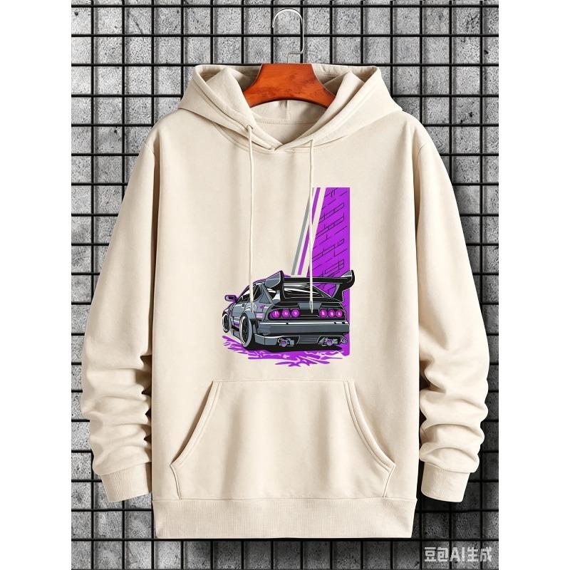 Men's Loose Racing Hooded Sweatshirt, Thick and Warm with A Hood, Featuring A Racing Pattern, Suitable for Daily Casual Wear.