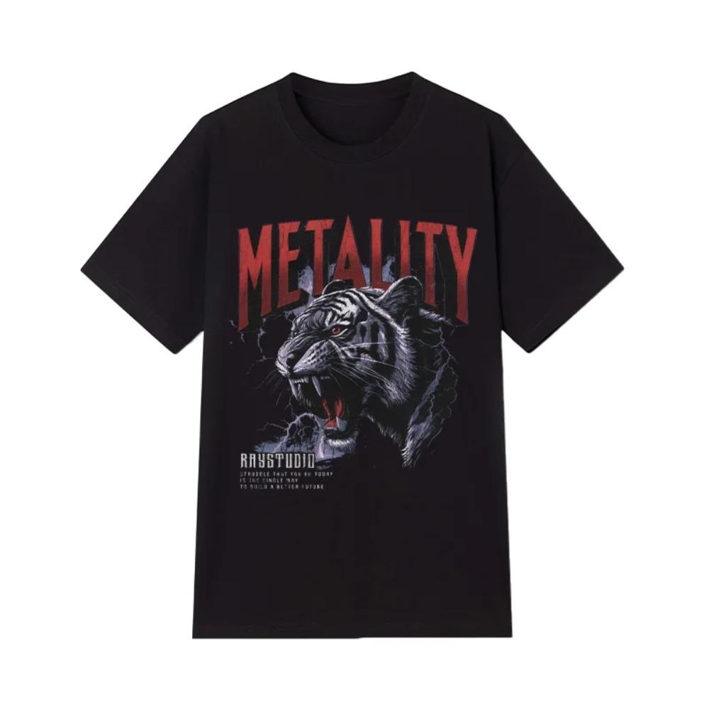 Black Men's Cotton Heavyweight T-shirt Fashionable Print Comfortable Breathable Casual Crew Neck Short Sleeve Top