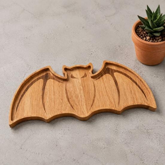 Solid Wood Trinket Dish Bat-Shaped Wooden Serving Tray, Halloween Theme Snack Dessert Platter, Gothic Jewelry Storage Decorative Plate for And