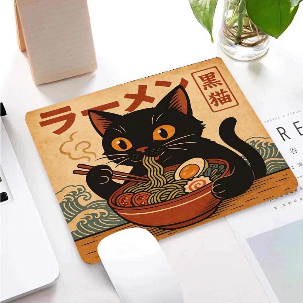 Japanese Cat Eating Ramen kawaiiMouse Pad Square Gaming Accessory Rubber Deskmats Non-Slip Computer Keyboard Mat Laptop Mousepad