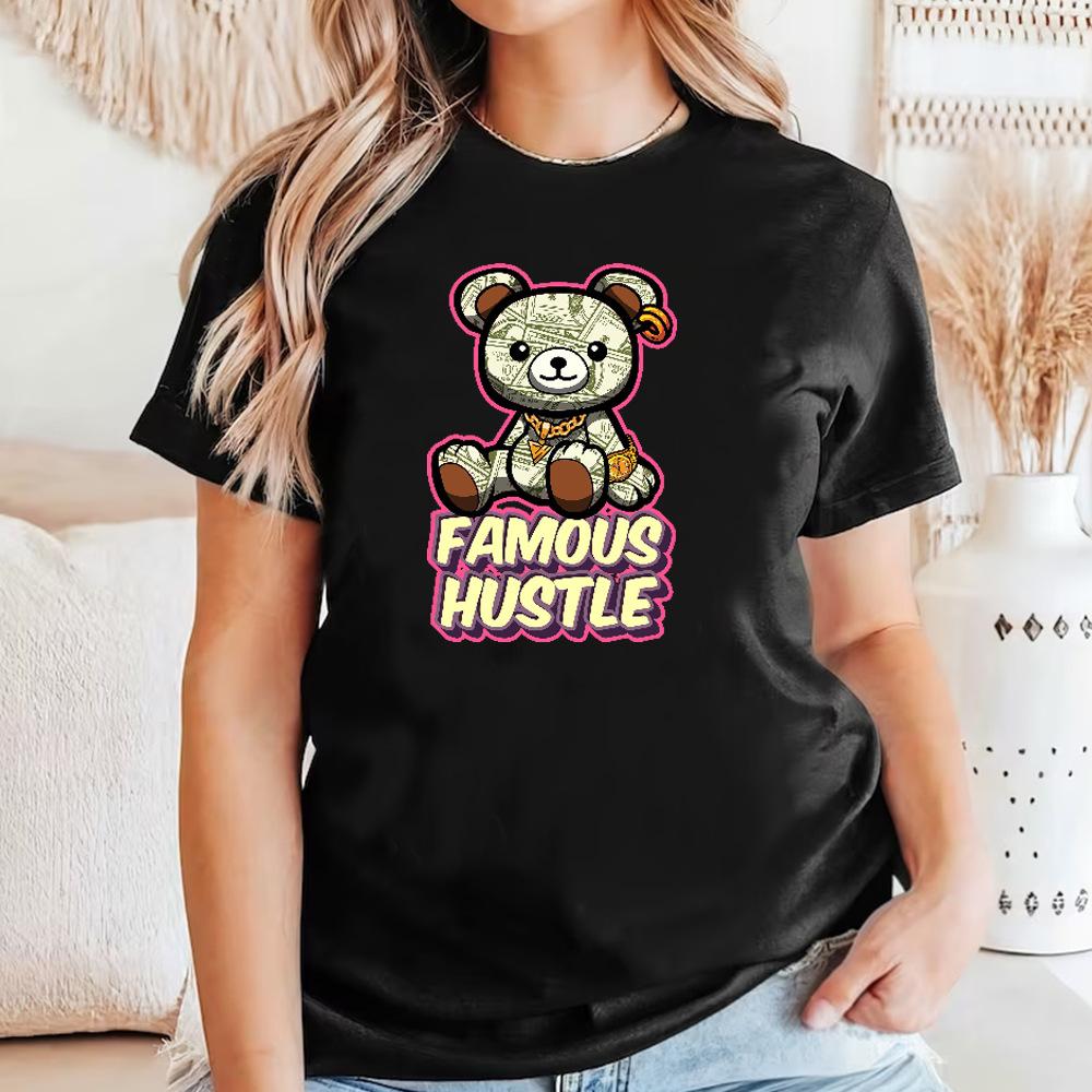 Famous Hustle Cotton T-Shirt Short Sleeve Round Neck Women 2d Print Tops