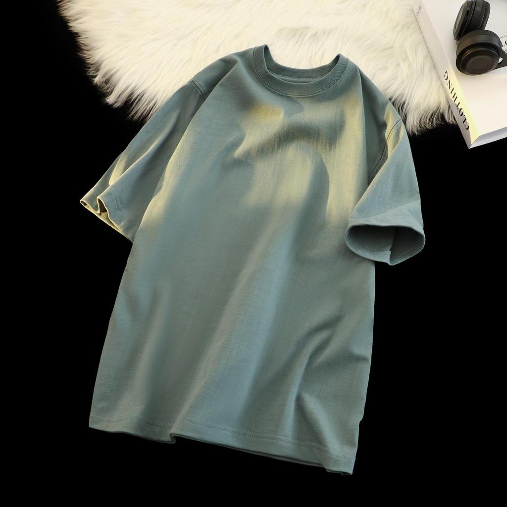 Unisex Japanese Retro Solid Color Round Neck T-Shirt, 300g Heavy Pure Cotton, Casual Short-Sleeve Design.