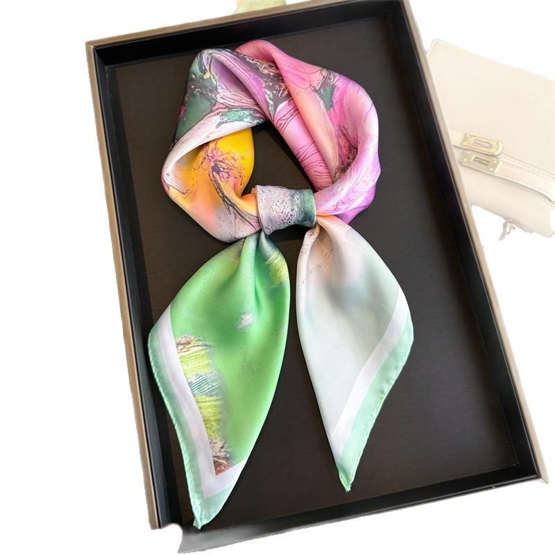 Flowering Oil Painting Printing Simulation Silk Scarf Square Scarf High-end Shawl Sunscreen Neck Small Square Scarf Headscarf Scarf Women