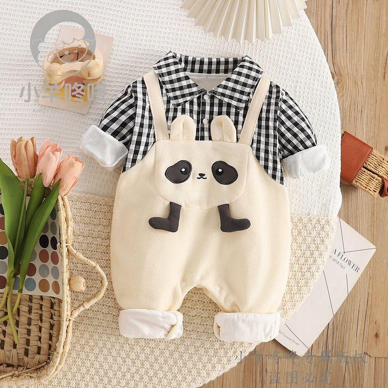

Spring and Autumn Style Plaid Panda Romper for Infants, Double-Layered Cute Long-Sleeve Jumpsuit for Baby Boys and Girls Beige 66