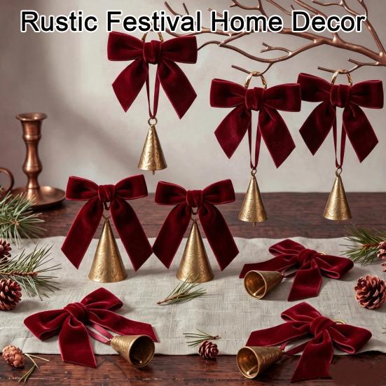 Holiday Party Hanging Ornaments 6 Pcs Velvet Bow with Bell Ornaments, Vintage Rustic Christmas Seasonal Decorative Decoration, Retro Jingle