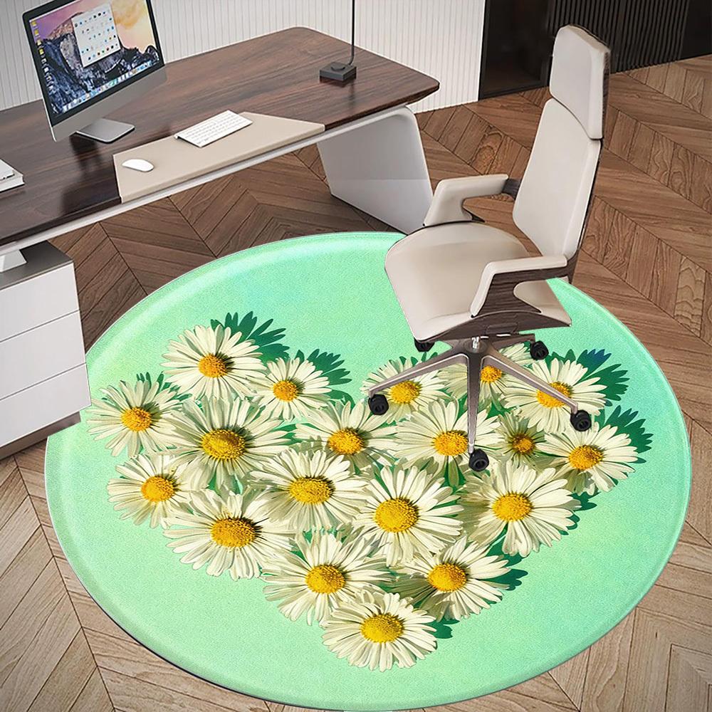 1pc Daisy Heart Round Chair mat office Area Rug - Non-Slip, Floor Mat for Office, Bedroom, Ideal home decor gift p0105052