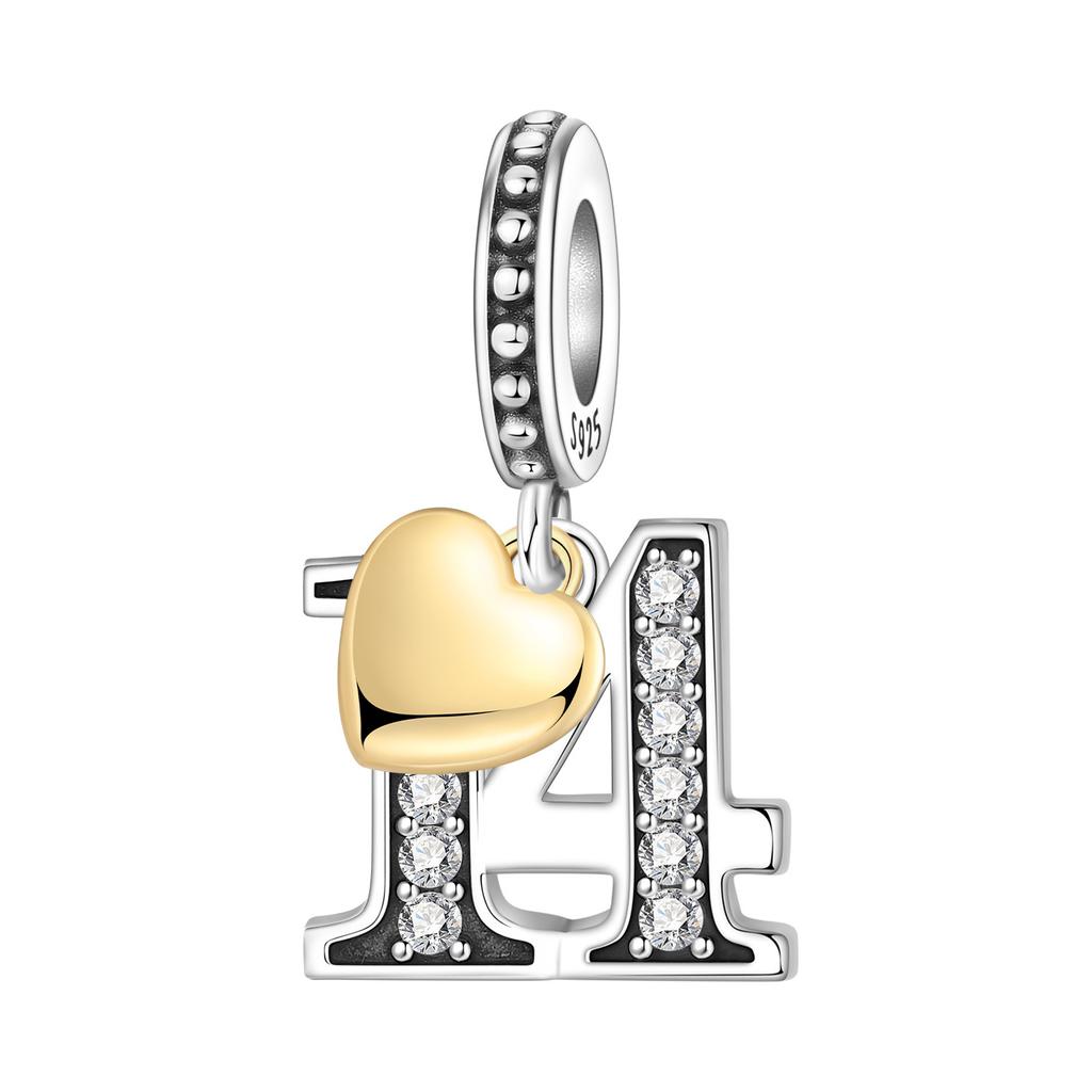 Orstarry S925 Silver Lucky Number 10,15,18,20 Heart Charm Anniversary Celebration Pendant DIY Jewelry Making