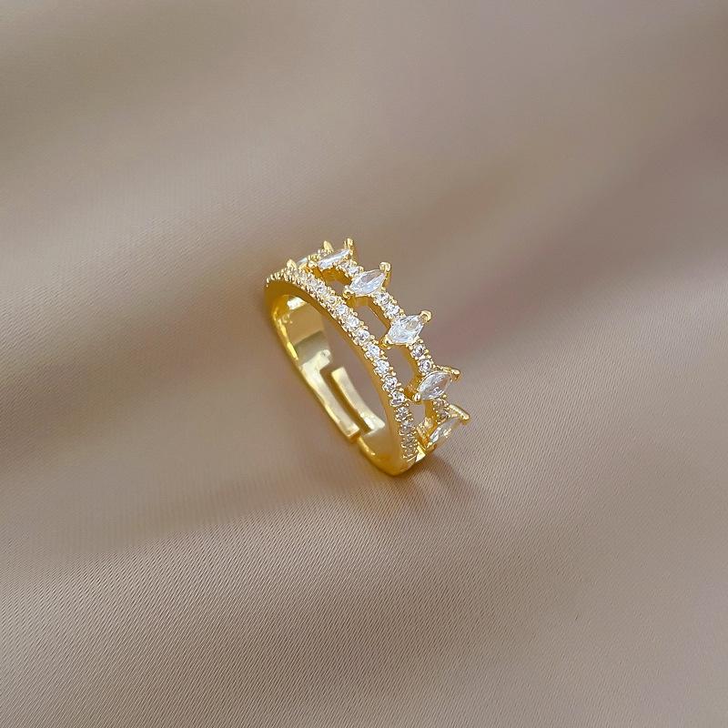 Real Gold Full Diamond Double-Layer Wedding Ring Ring Opening Adjustable Simple Jewelry Japanese Ring Couple Ring