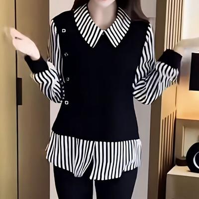 Shirt met lange mouwen Fake Twee Modieus Gestreept Splicing Casual Leeftijdsverminderend Basis Top