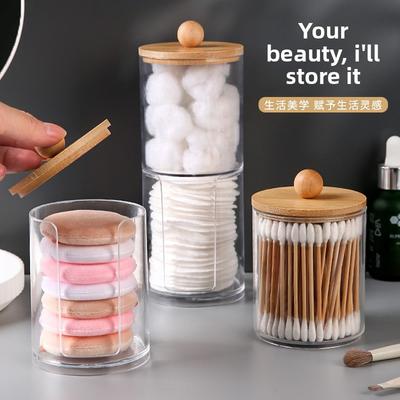 Wattestäbchen-Aufbewahrungsbox, Runde Kugel Bambusdeckel Make-up-Entferner-Aufbewahrungsbox, Runder Transparenter Kunststoffbehälter, Staubdichte Puderdosenbox