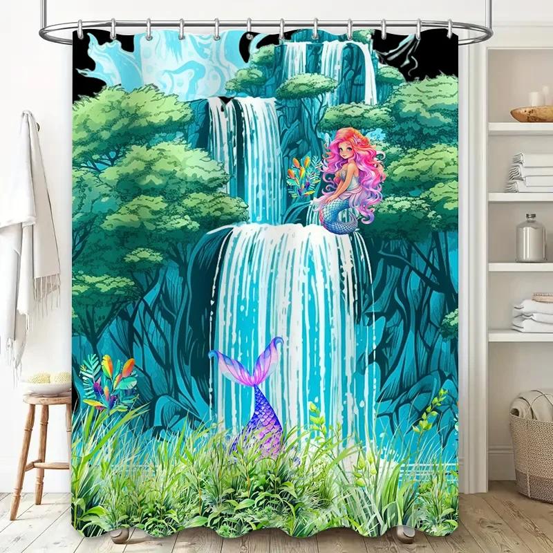 Colorful Mermaid Shower Curtain Waterfall Bathroom Decor with Tropical Plants