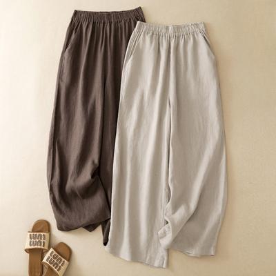 Women's Elastic Waist Straight Leg Pants Loose Fit Linen Nine Length Casual Trousers