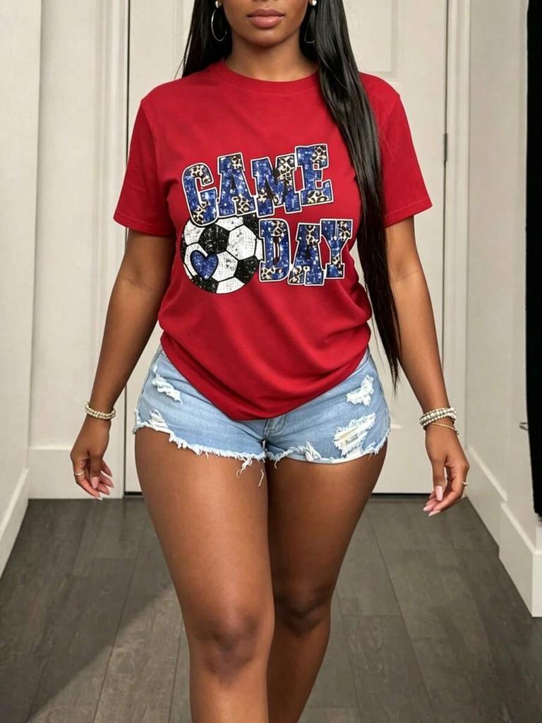 Sports‑Vibe Women Short‑Sleeve T‑Shirt Crew Neck Game Day Soccer Fan Heart Pattern Print Team Support Daily Wear Tops