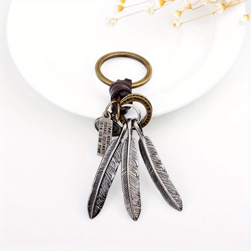 Vintage Pendant Hand Woven Leather Keychains for Men Car Key Chain Women Tassel Feather Keyring Charm Jewelry Friends Gift