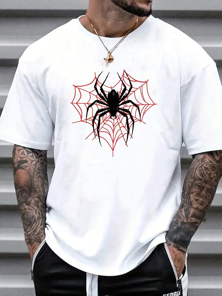 Mens Cotton TShirt Red Spider Web with Black Spider Print Casual Crew Neck Short Sleeve Summer TShirt