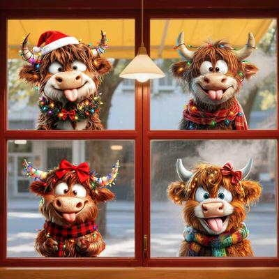 4 ks/sada Vánoční nálepky na okno s horskou krávou, odnímatelné, vodotěsné, Santa klobouk, statická skleněná nálepka s horským dobytkem, nálepka pro sváteční párty dekoraci