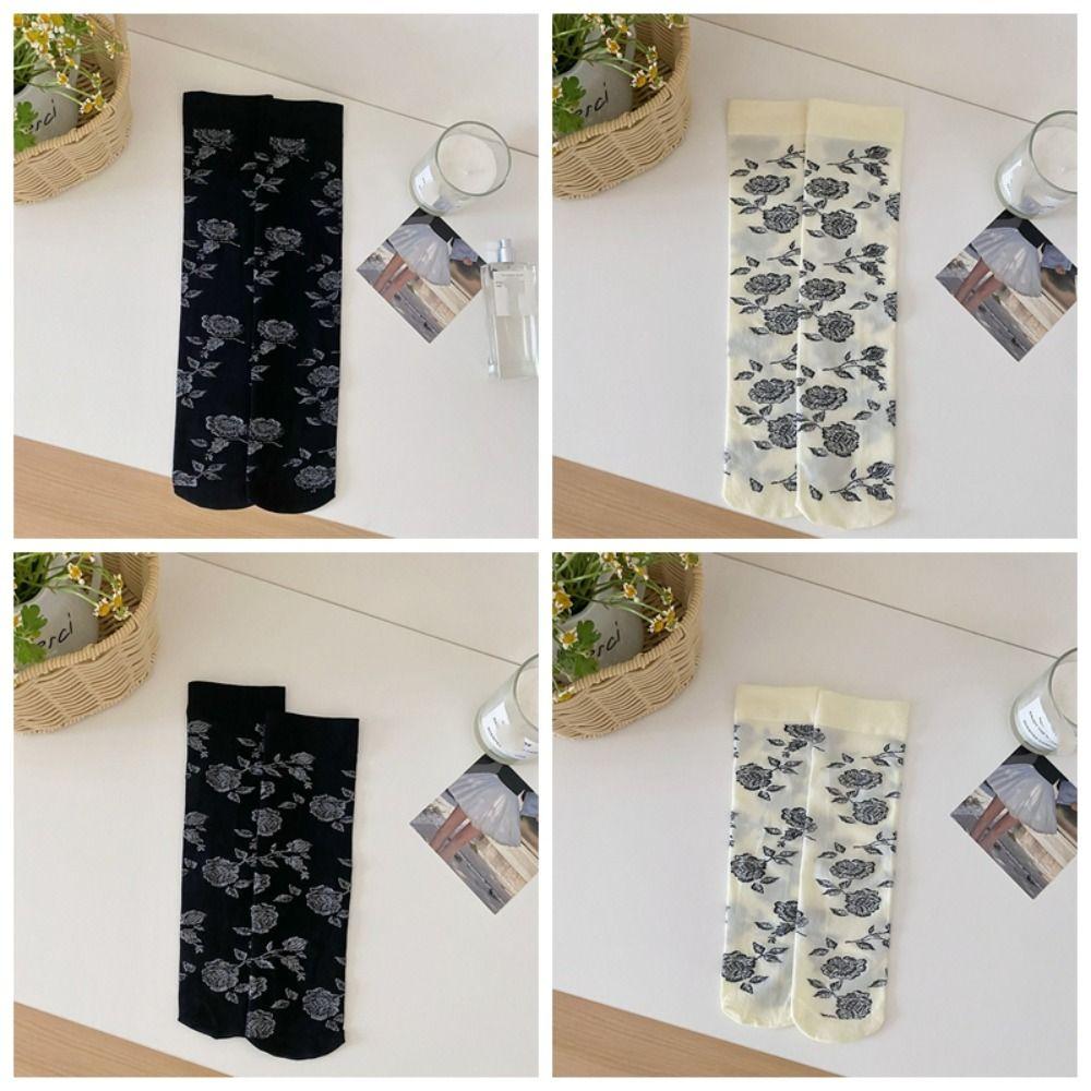 2Pairs Streetwear Retro Rose Stockings Lolita JK Mid Tube Long Socks Sweet Flower Stockings  Summer