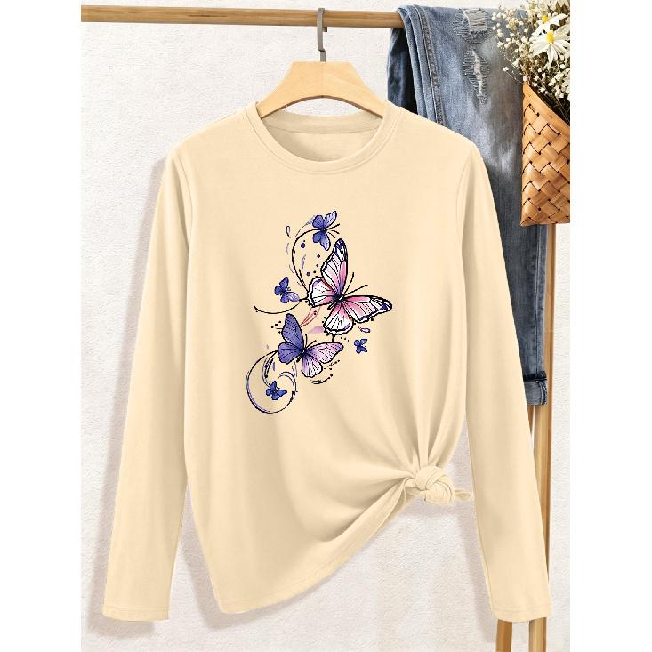 Women's elegant long sleeves Watercolor butterfly flocking art pattern printed round neck Comfortable, soft, and breathable new style Fashionable,