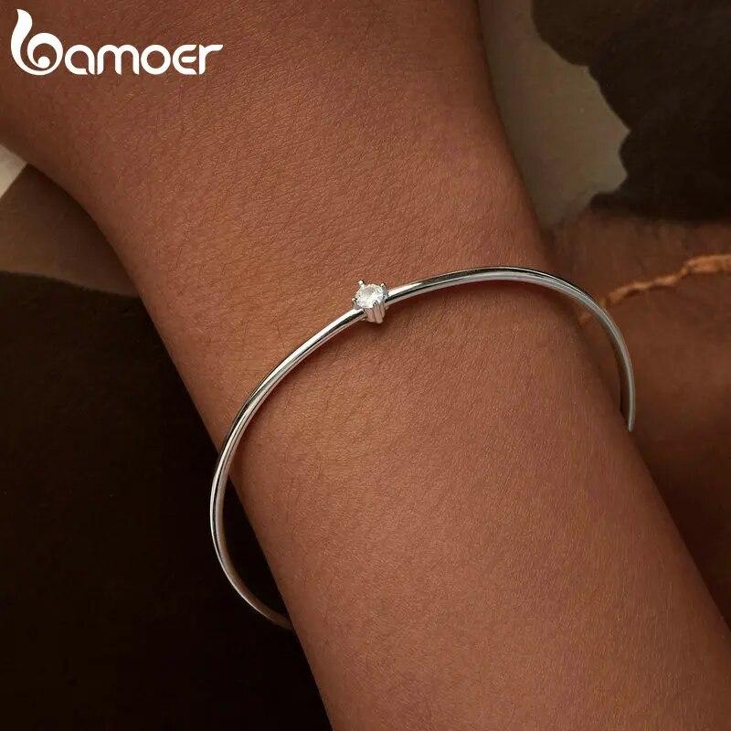 BAMOER 925 Sterling Silver Simple Zircon Bangle Shiny Star Bracelet for Women Valentine's Day Gift Platinum Plated Fine Jewelry