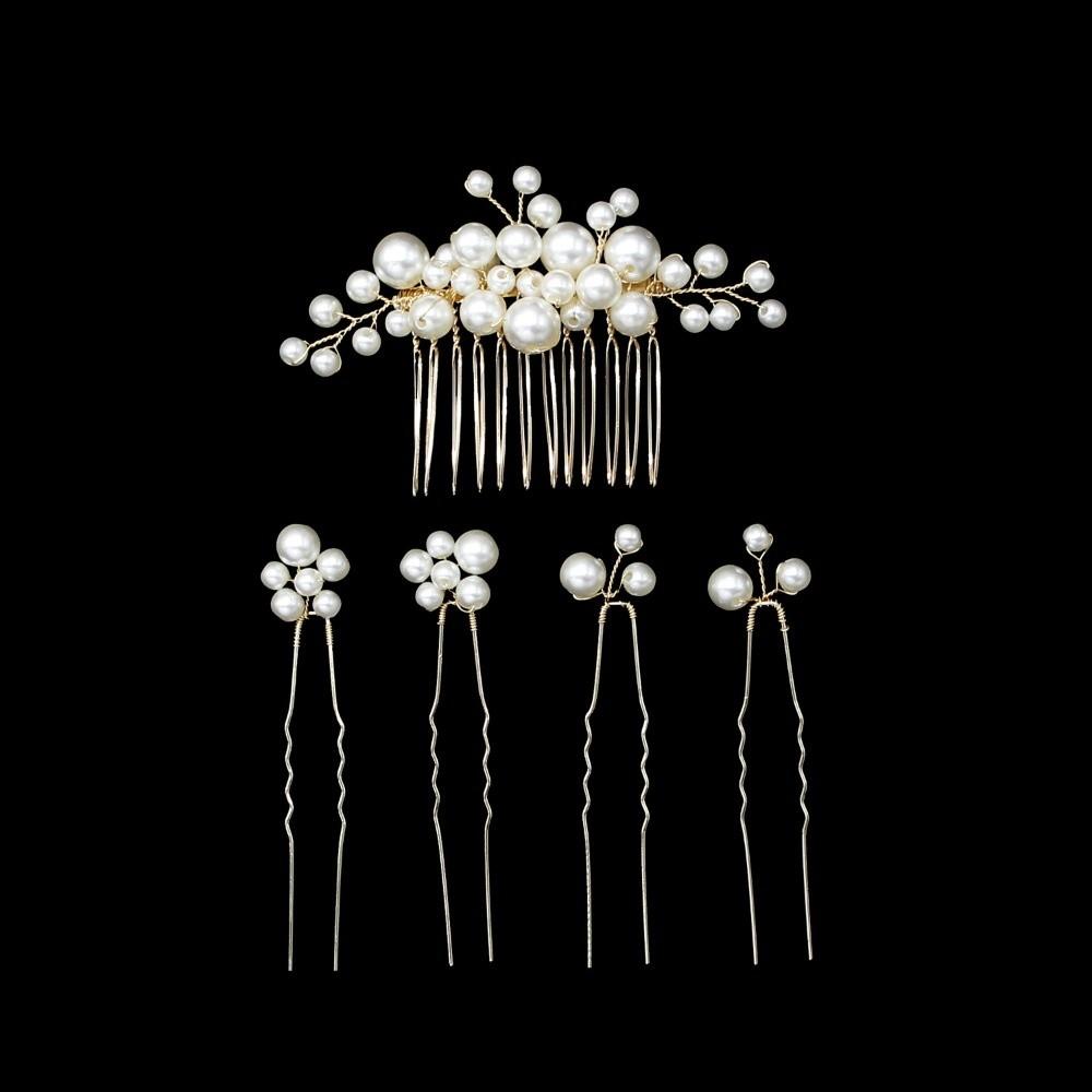 Gold Pearl Hair Comb Flower Wedding Headwear Luxury Hair Fork Headpiece
