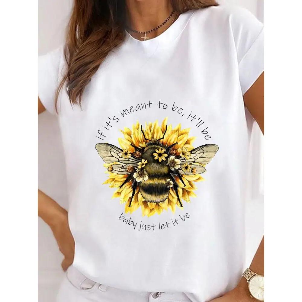 Summer Round Neck Love Flower Butterfly and Bee Pattern 3D Print Top Fashionable Casual Short Sleeved Women's T-shirts