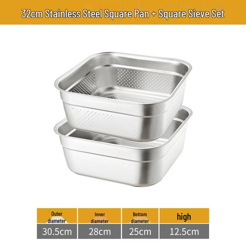 Large 304 Stainless Steel Colander with Lid - Square Vegetable Washing and Oil Draining Basin