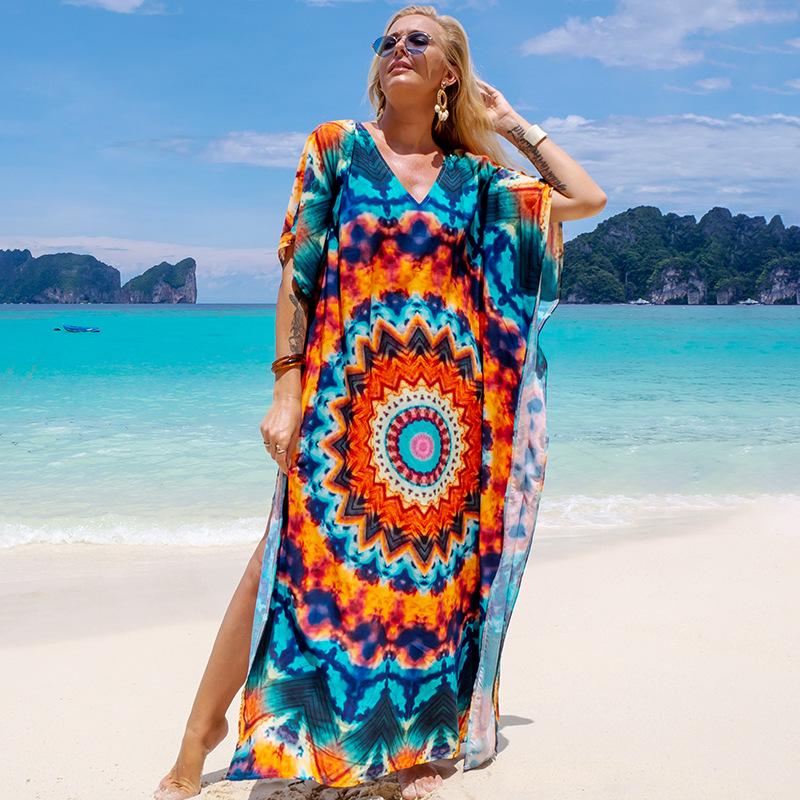 Bata con Estampado de Rayón para Proteger del Sol en la Playa y Vestido Cubre-traje de Baño