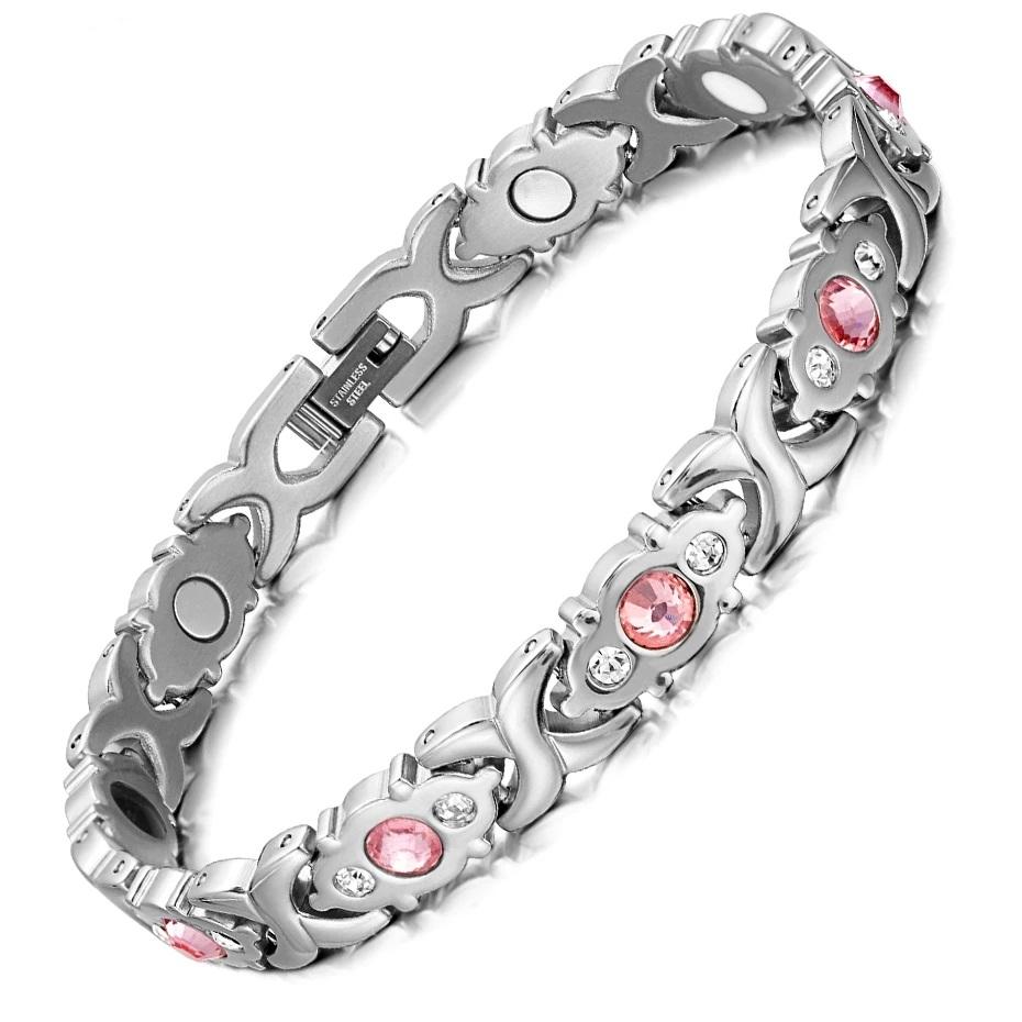 Bracelet Magnétique Santé Rose Doré Punk 8mm Zircon Rose Bijou pour Femme Hiphop Acier Inoxydable Chaîne Biker Moto Bracelet