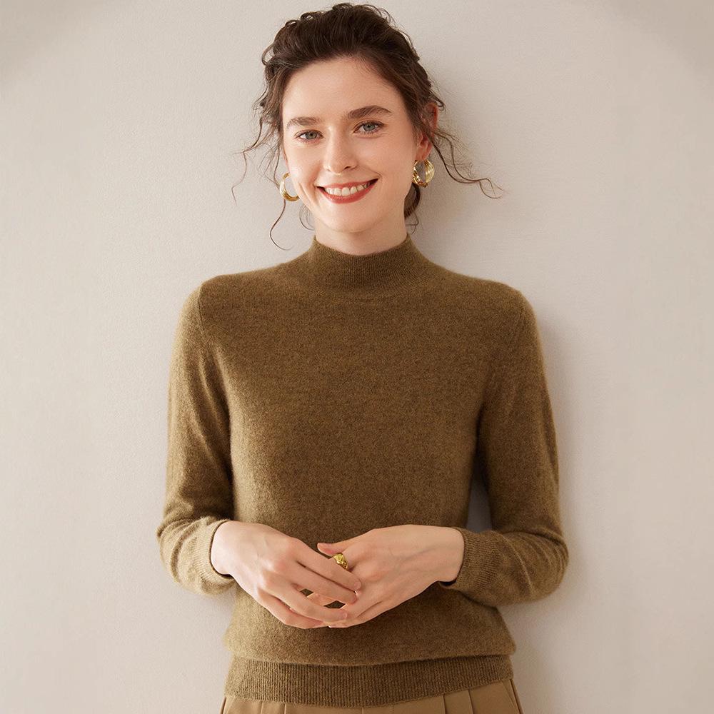 Women's Half-High Neck Cashmere Knit Sweater - Versatile, Warm, Loose Fit Pullover
