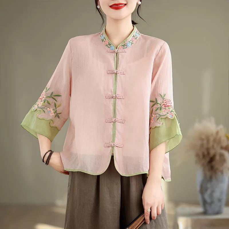 Women's Chinese Floral Embroidered Blouse: Loose Fit, Three-Quarter Sleeve, Contrast Color, Lapel-Style Tea Dress