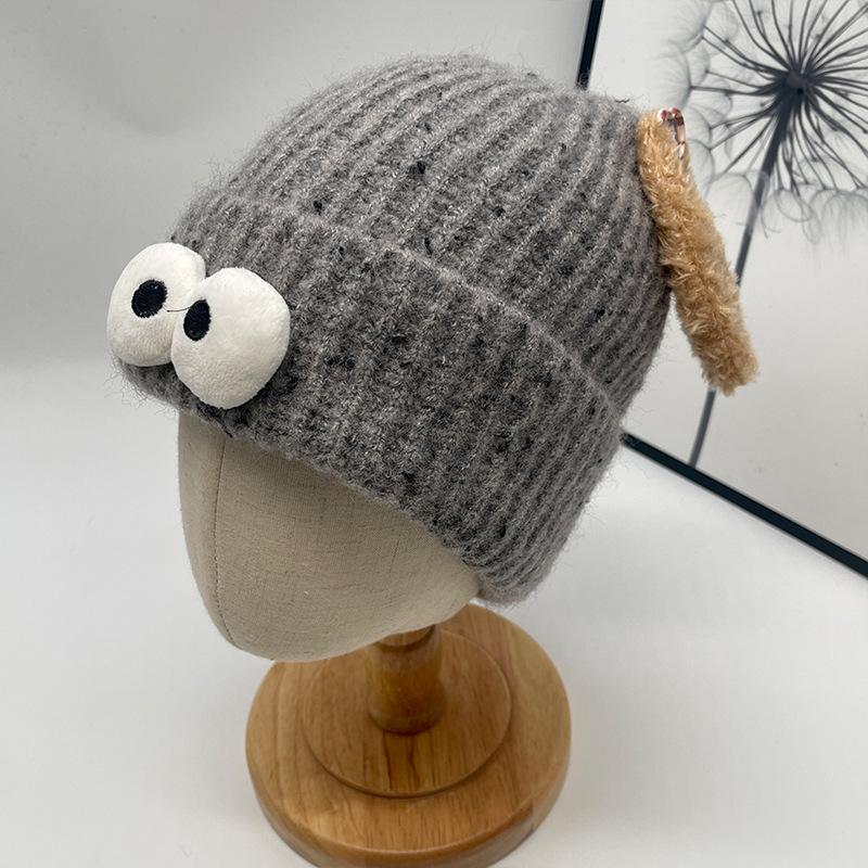 Cute Funny Big eyed Cartoon Hat for Women In Autumn and Winter New Warmth and Thick Knitted Pullover Hat Versatile Wool Hat