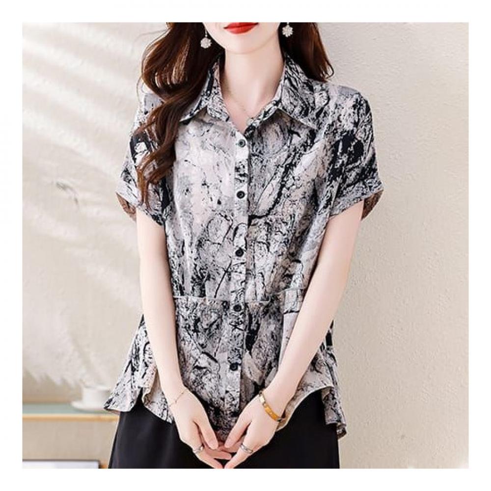 Navava Women Vintage Print Short Sleeve Collar Shirt Nb2256