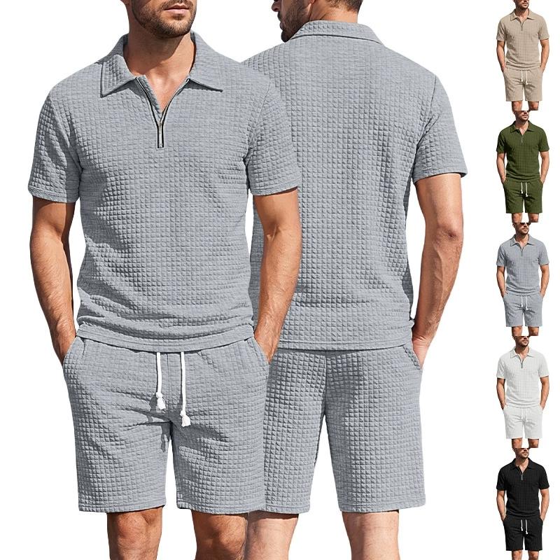Men's Summer American Style Small Checkered Casual Set, Loose and Breathable Short Sleeve Top and Shorts Two-Piece Outfit