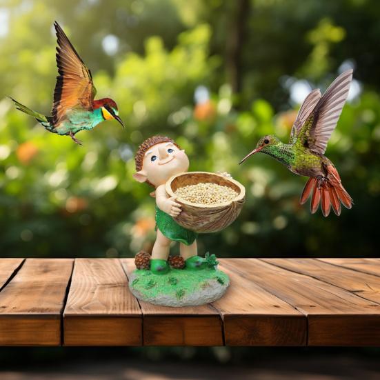 Forest Elf Bird Feeder Resin Elf Figurine with Walnut Bowl Wild Bird Feeding Bowl Garden Statue for Courtyard Outdoor Decor