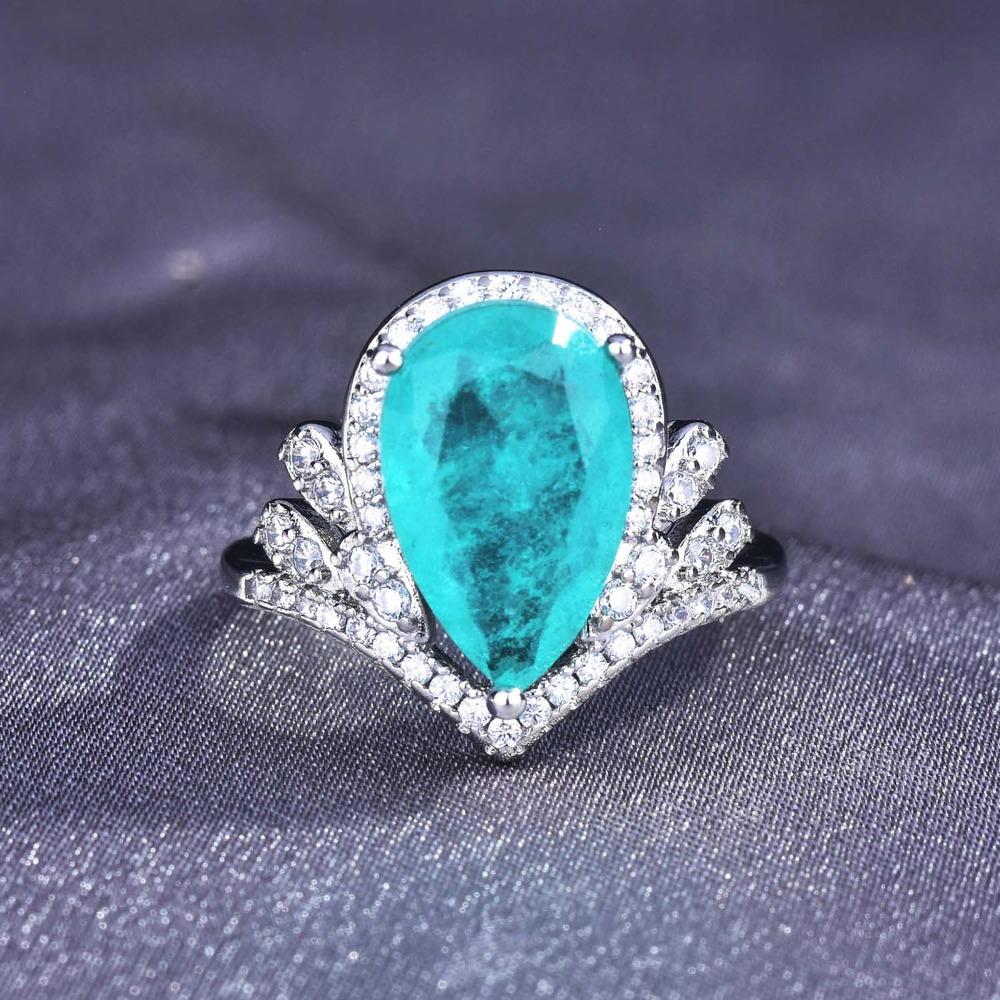 Elegant Open Ring with Crown Shaped Teardrop Tourmaline Crystal Simulated Paraiba Color Gemstone Jewelry Adjustable