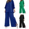 Women's Cotton Linen 2 Piece Outfit Button Down 3/4 Sleeve Shirts And Slit Wide Leg Pants Set Casual Loose Lounge Tracksuit