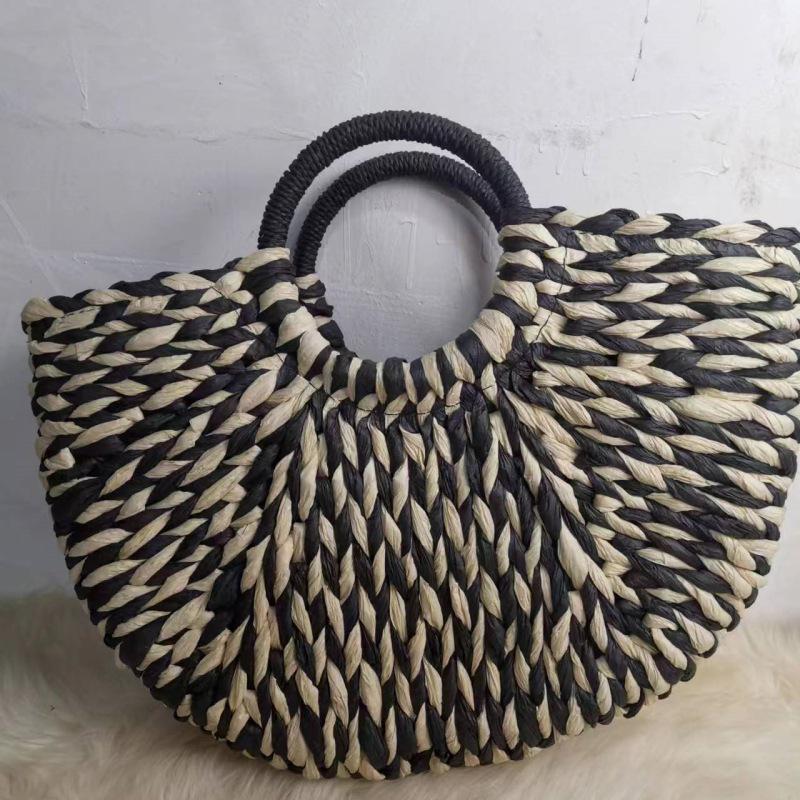 Fashionable Pastoral Style Round Straw Handbag - Colorblock Half-Moon Design for Women