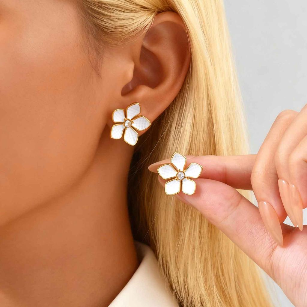 Bright Pink Lacquered Flower Texture Earrings,Stainless Steel Vintage Romantic Earrings,Daily Life Trendy Women Jewelry Gift
