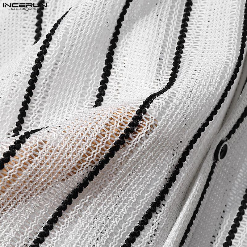INCERUN Oversized Men Long Sleeve Lapel Striped Hollow Webbing Casual Loose Tops Shirts