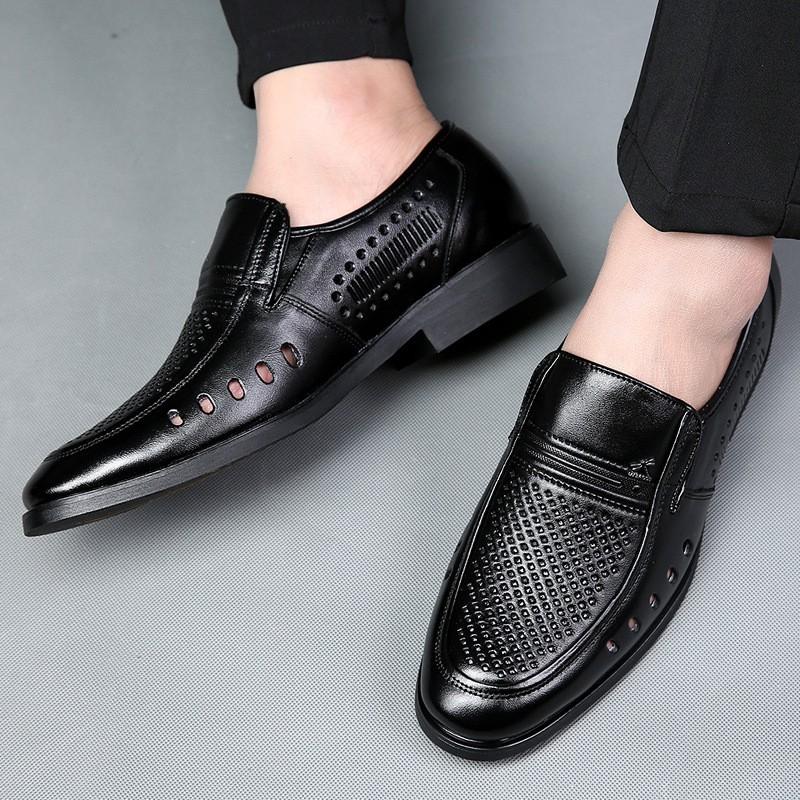 Mens Genuine Leather Breathable Dress Sandals Slip-On Business Casual Shoes With Rubber Sole