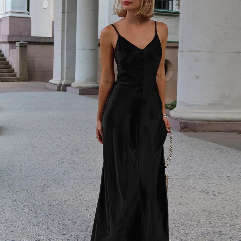 Fall Long Dress Women's Socialite Style Sexy V-neck Backless Satin Halter Dress