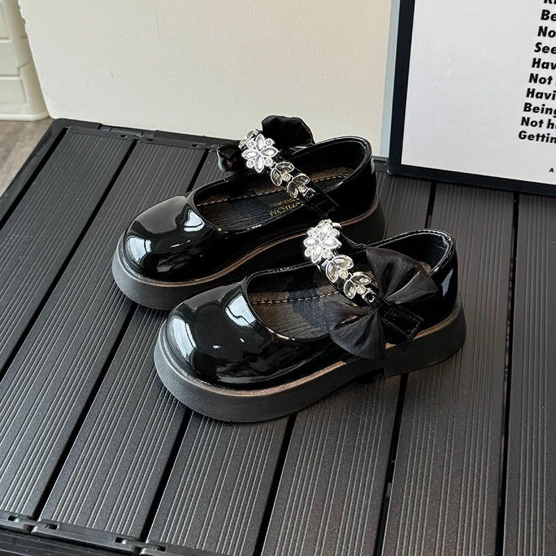 Girls' Stylish Leather Princess Shoes with Bow & Rhinestones for Spring & Autumn 2026