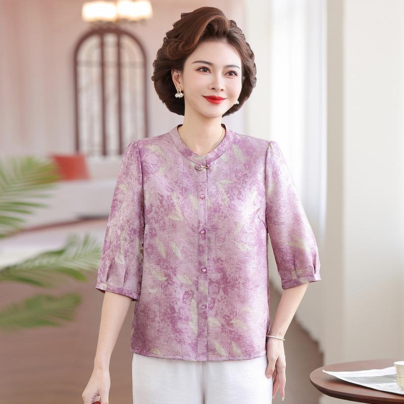 Mom's Summer Seven-Sleeve Loose-Fit Printed Shirt for Middle-Aged Women, Imitation Silk