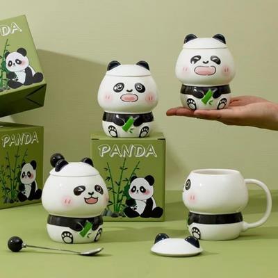 Cartoon Panda Rolling Ceramic Cup Home Office High Value Mug Relief Design with Cover Spoon Water Cup